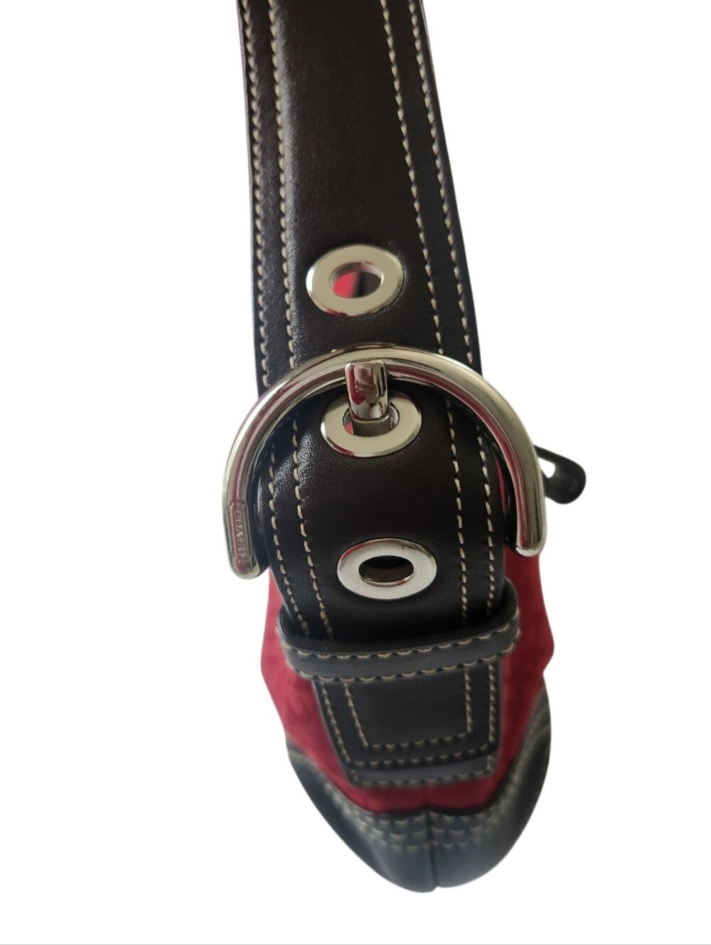 VGC COACH D062-2154 Signature Jacquard Shoulder Bag Red Y2K Brown Leather - Picture 10 of 12